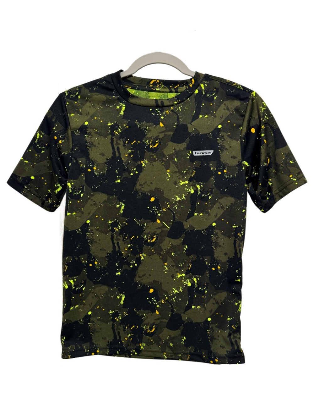 Hind Camo Neon Splatter Short Sleeve Active Tee in Green & Black Boys L (14/16)